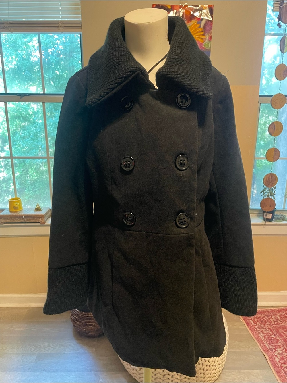 Worthington Black Double-Breasted Pea Coat with Knit Collar old money preppy